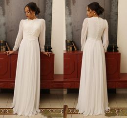Vintage Chiffon A-Line Wedding Dresses Puffy Long Sleeves High Neck Appliques Lace Floor Length Bridal Gowns Formal Dress Custom Made Vestidos de noiva