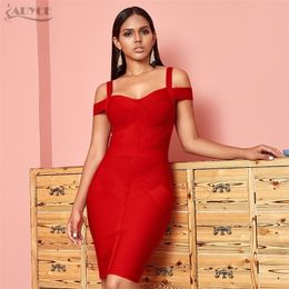 ADYCE Off Shoulder Bodycon Bandage Dress Women Sexy Red Spaghetti Strap Knee Length Club Celebrity Evening Runway Party Dresses 210316