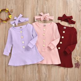 Toddler Girl Clothes Solid Baby Girls Dresses Headband 2pcs Sets Long Sleeve Children Dress Boutique Baby Clothing 3 Colours EW5978