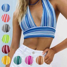 2022 Explosive Women Sexy Silk Knit Vest Striped Deep V Halter Strap Tops Tanks T Shirt Summer Casual Clothes Ladies Underwear 9 Colours