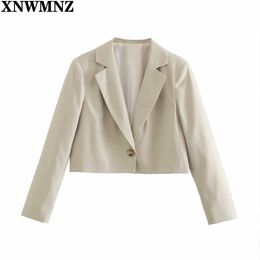 XNWMNZ Za Women 2021 summer New casual all-match temperament lapel linen short suit jacket women's linen blend cropped blazer X0721