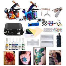 Kit de tatuagem arte corporal, 2 bobinas, conjunto de máquinas, 6 cores, pigmento, tatuagens, agulhas de tinta, fonte de alimentação, kits de maquiagem permanente