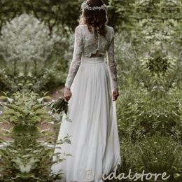 Rustic Two Piece Boho Wedding Dress 2022 Top Lace Long Sleeve Separates Beach Wedding Dresses Sexy Flowy Chiffon Country Bridal Gowns Robes De Mariage Maxi