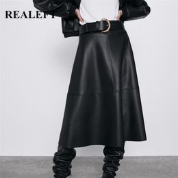 REALEFT Autumn Winter PU-leather mi-long Skirt with Belt High Waist Vintage A-line Skirt Chic Mid-calf Umbrella Skirts 210721