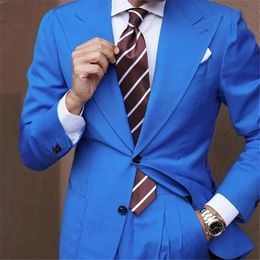 Men's Suits & Blazers Blue Wide Lapel Men Two Buttons Costume Homme Wedding Groom Tuxedos Prom Slim Fit Terno Masculino Blazer 2 Pc Jacket+P