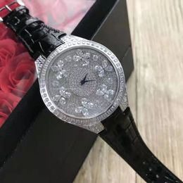 Luxury Brand Disco Butterfly White Gold Full Diamond Watch Sign Logo Crystal Can Move Genuine Leather Quartz Ladies Wristwatch