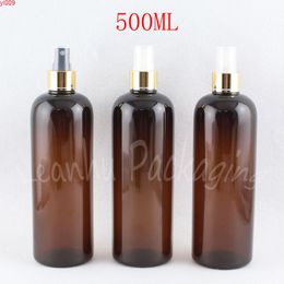 500ML Brown Round Shoulder Plastic Bottle With Gold Spray Pump , 500CC Toner / Water Packaging Empty Cosmetic Containergoods