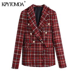 KPYTOMOA Women Fashion Double Breasted Tweed Cheque Blazer Coat Vintage Long Sleeve Frayed Trims Female Outerwear Chic Tops 210930