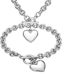 Silver Chunky Charm Stainless Steel Heart Chain Choker Bracelet and Necklace for Womens Girls Fashion Valentine Jewelry Set 8mm 18in+8 in