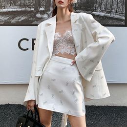 Two Piece Dress Designer White Single-Breasted Bow-Knot Printed Two-Button Suit On The Back + High-Waisted Mini A-Line Skirt Set 2021