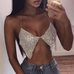 Bling Silver Gold Rhinestones Halter Bra Crop Top Women Sexy Backless Deep V Neck See Through Summer Beach Tank Tops 210308