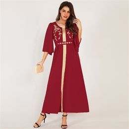 Summer Women Dress Red Elegant O Neck Half-Sleeved Maxi Bohemian Beach Golden Edge Musilim Long Dresses Party Vestidos 210806