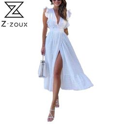 Women Dress Ruffles V-neck White Beach Dresses Plus Size Vintage Sexy Long Summer Fashion 210524