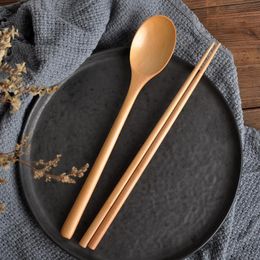 Chopsticks Reusable Wooden Spoon Set Korean Wood Soup For Eating Mixing Strring Handle Tableware