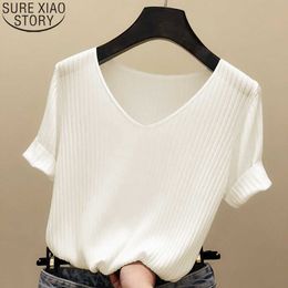 Knitted Short Sleeve Shirt Women Tops Solid Korea Summer Tshirt Thin V-neck Knit Female Tee Shirt Casual T Shirt 13539 210527