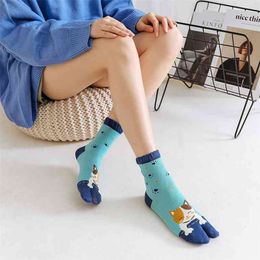 5 Pairs Two-toed Socks Female Cotton Autumn Winter Thick Cartoon Animal Sweat Toe Socks Japanese Kawaii Sock 210720