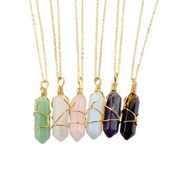Hexagonal Column Wound Copper Wire Pendants For Necklace Natural Stone Crystal Hand Winding Solid Color Delicate Pendant Neckwear 4 25zm B3