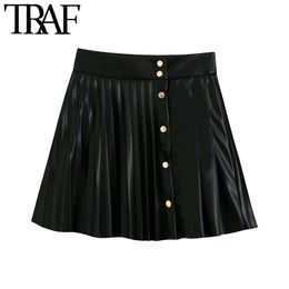 TRAF Women Chic Fashion Pleated Faux Leather Mini Skirt Vintage High Waist Snap Button Female Skirts Mujer 210309