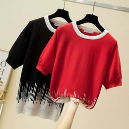 Striped Tops Summer Short Sleeve Pullover Women Sweater Knitted Sweaters Plus Size Tops Korean Pull Femme Jumper Female 210604