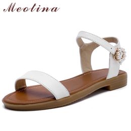 Meotina Women Shoes Genuine Leather Sandals Flat Narrow Band Sandals Round Toe Cow Leather Ladies Footwear Summer White Size 43 210608