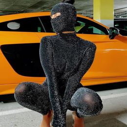 Women's Leggings Skinny Rompers Womens Bodycon Jumpsuit Female Sports Suits Streetwear Black Knitted Sexy Backless Metal Thin Shiny Glitter