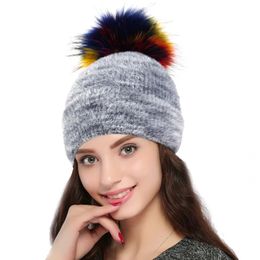 Fashion Velvet 15cm Raccoon Fur Pompom Women Hat Winter Outdoor Warm Slouchy Lady Beanie Casual Elastic Female Cap