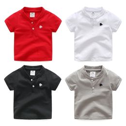 Summer Fashion Cotton Embroidery Short Sleeve Mandarin Collar Solid Color Handsome V-Neck T-Shirt For Baby Kids Boys 210701