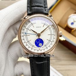 New 39mm m50535-0002 Automatic Mens Watch Moon Phase Rose Gold Case White Dial Black Leather Strap Gents Sport Watches Folding clasp
