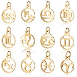 11mm Rostfritt stål Mini Charms Guld 12 Zodiac Sign Charms DIY Constellation för kvinnor Smycken Göra 10st / Lot