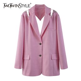 TWOTWINSTYLE Hollow Out Patchwork Diamond Blazer For Women Notched Long Sleeve Casual Solid Blazers Female Fashion Clothes 211122