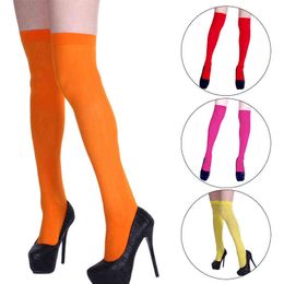 Neon Color Thigh High Stockings Women Sexy Stockings Orange Yellow Evening Party Wear Kniekousen Knee High Socks For Women Girls Y1119