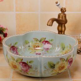 Flower shape rose painted porcelain bathroom washing face basin sinkhigh quatity250K
