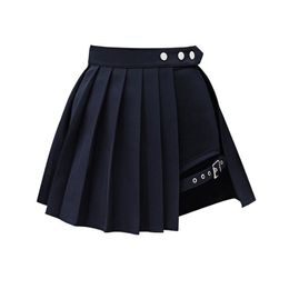 PERHAPS U Black Punk Pleated Ruched Mini Short Empire Skirt Rock And Roll S0164 210629