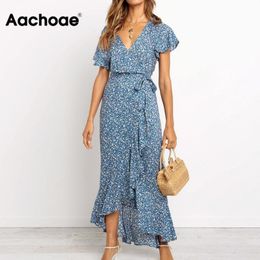 Aachoae Long Maxi Dress Women Summer Bohemian Wrap Floral Print Beach Dress V Neck Split Short Sleeve Ruffles Sundress Vestidos 210316