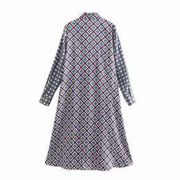 New Women vintage patchwork printing casual slim midi Dress autumn ladies long sleeve chic vestidos buttons party Dresses DS2959 Y0118