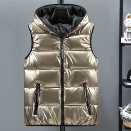 Size 5XL 6XL Winter Men Bright Vest Hooded Warm Thicken Waistcoat Cotton-Padded Solid Colour Waterproof Male Streetwear 211105