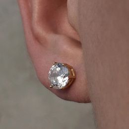 Classic Male Luxury Crystal Round Stud Earrings Vintage Gold Colour Hip Hop Jewellery White Zircon Stone Earrings For Men