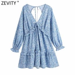 Zevity Women Sexy Deep V Neck Leopard Print Agaric Lace Mini Dress Female Chic Back Hole Casual Slim Ruffles Vestidos DS8199 210603