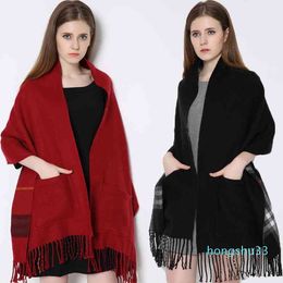 Pocket scarf women's autumn and winter shawl with dual-purpose Plaid fashion knitted Cape imitation cashmere neck