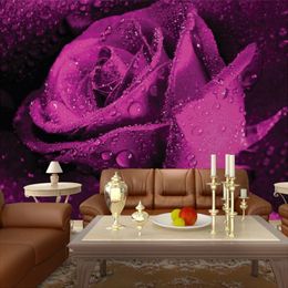 Carta da parati personalizzata 3D Stereo Murales Camera da letto soggiorno TV Sfondo Tv Purple Rose Flower Photo Rotoli
