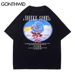 GONTHWID Harajuku T-Shirts Hip Hop Sunrise Rose Short Sleeve Tshirts Streetwear Harajuku Cotton Tees Fashion Short Sleeve Tops C0315