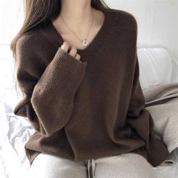 V-neck Sweater Autumn And Winter Korean Loose Pullover Solid Colour Harajuku Style Casual Base Jersey Mujer Em* 211011