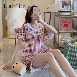 CAIYIER Summer Sweet Girls Pajamas Set Plaid Round Neck Lace Retro Sleepwear For Women Short Sleeve Shorts Homewear Suit 210901
