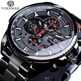 Forsining Three Dial Calendar Stainless Steel Men Mechanical Automatic Wrist Watches Top Brand Luxury Military Sport Male Clock 210804