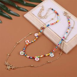 2 Pcs/Set Boho Multicolor Beaded Flower Necklaces For Women Fashion Gold Colour Metal Chain Long Necklace Star Pendant Jewellery