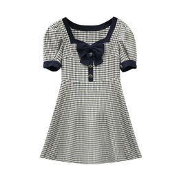 PERHAPS U Puff Sleeve Button Slash Neck Short Sleeve Mini Dress Elegant Solid Summer Women Female Plaid Bow D1884 210529