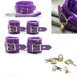 Bondage Purple Neck Collar Handcuffs Wrist Cuff with Lock Soft Restraint Play