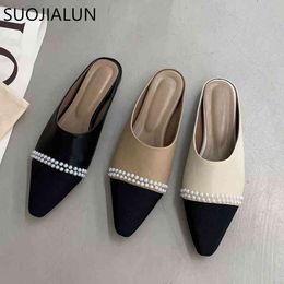 SUOJIALUN New Brand Women Slipper Flat Heel Slip On Mules Fashion Mix Colour Ladies Slides Elegant Outdoor Casual Sandal Shoes K78