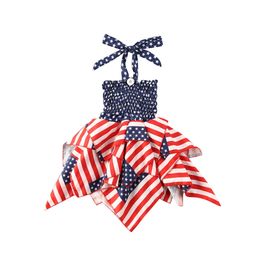 Independence Day Outfit Toddler Baby Girls Ruffle Dress 4th of July American Flag Stripe Stars Print Halter Suspender Mini Dress Q0716