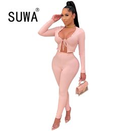Wholesale Two Piece Set Casual Long Sleeves Top and Pants Female Solid Skinny Women Pink Clothing Tracksuit Clubwear 210525